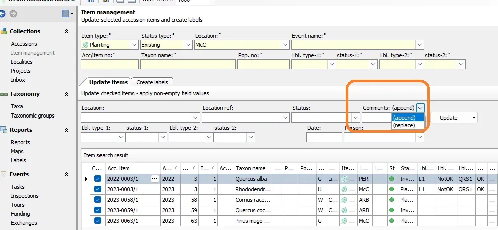 Item management Comments Append
