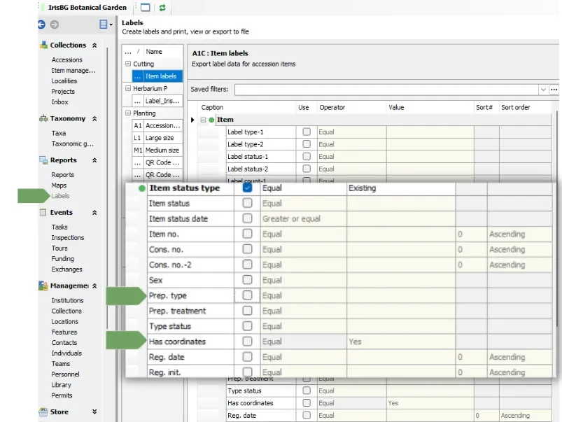 Labels Prep type and Has coordinates added as selection criteria
