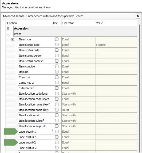 Reports, Accessions and Item Management (Adv Search) Label count has been added