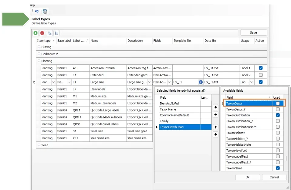 Label types screen