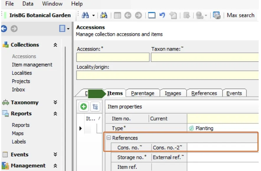 Accession item ref cons acc no