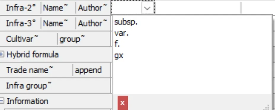 Name fields in the Taxa > Names screen