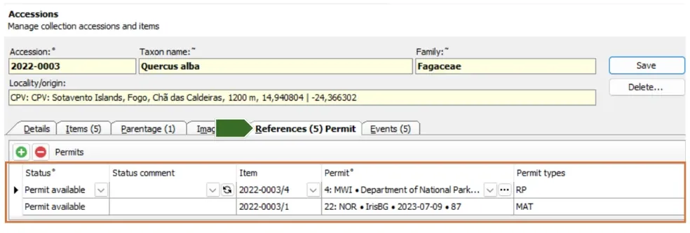 Accession > References screen now properly displays multiple permits related to a single accession.