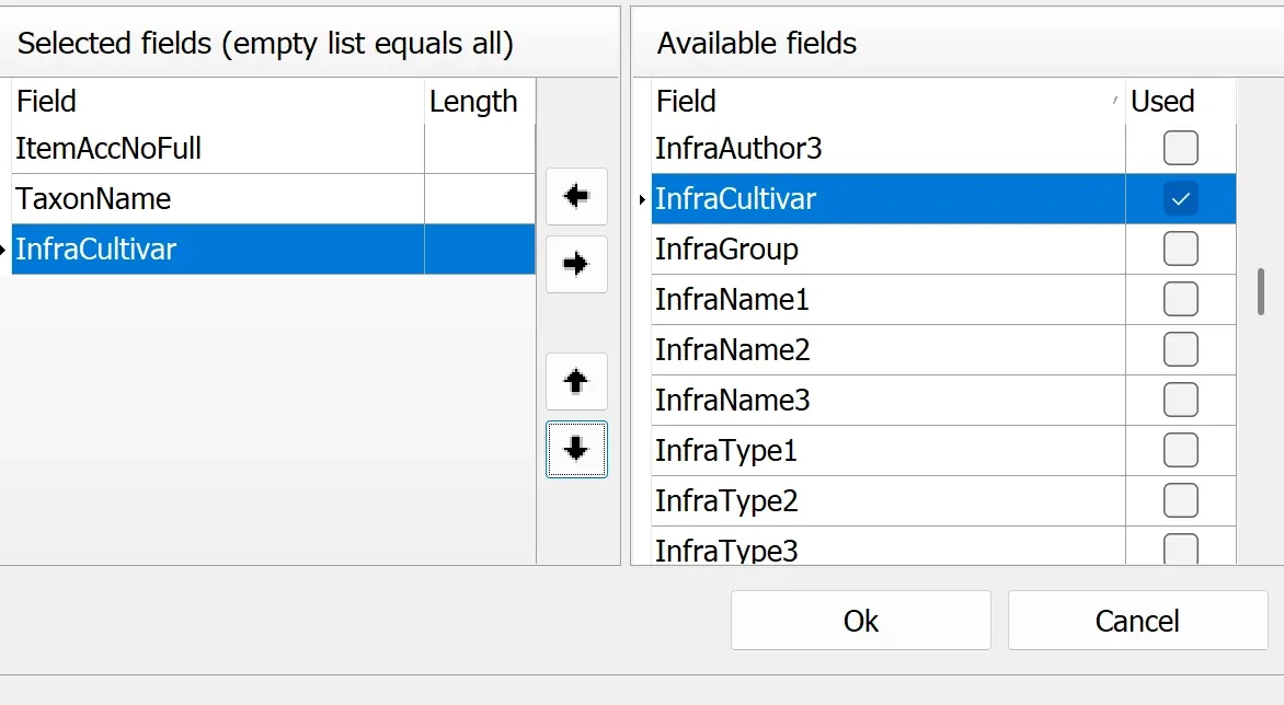 Field selection window in the Label types screen.