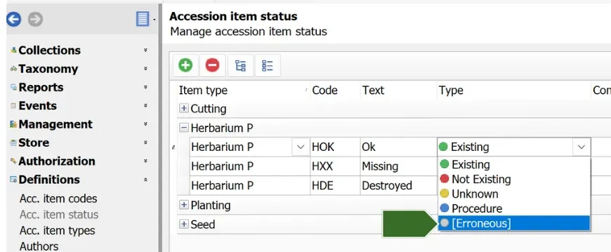Definitions > Acc. item status screen