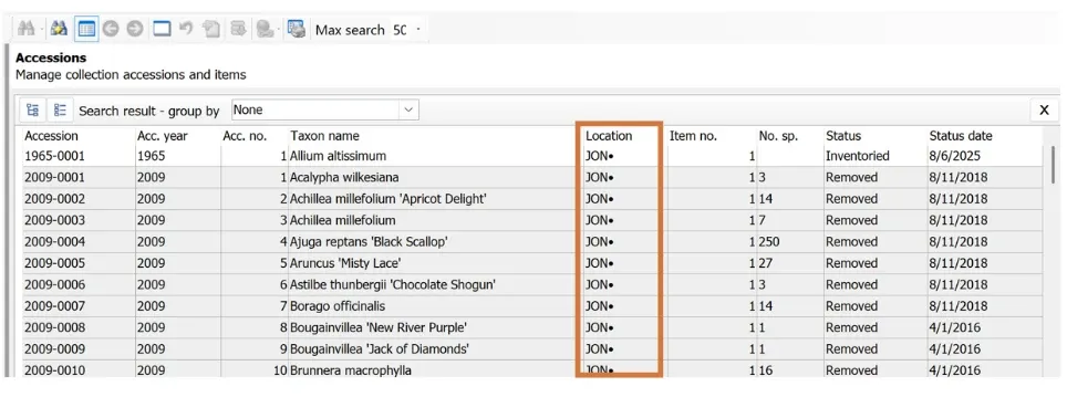 Accessions screen search grid