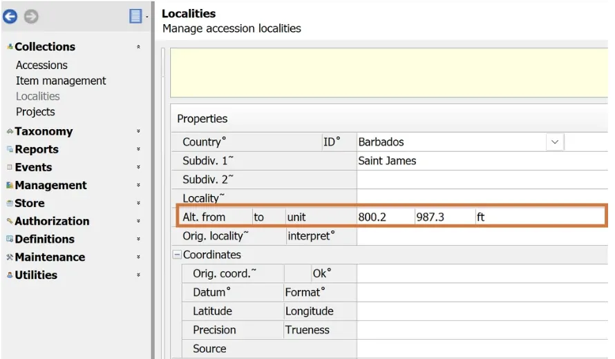 Collections > Localities screen