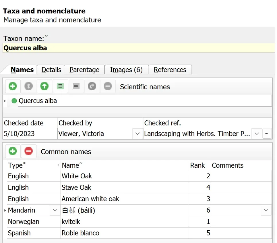 Taxonomy > Taxa Names screen