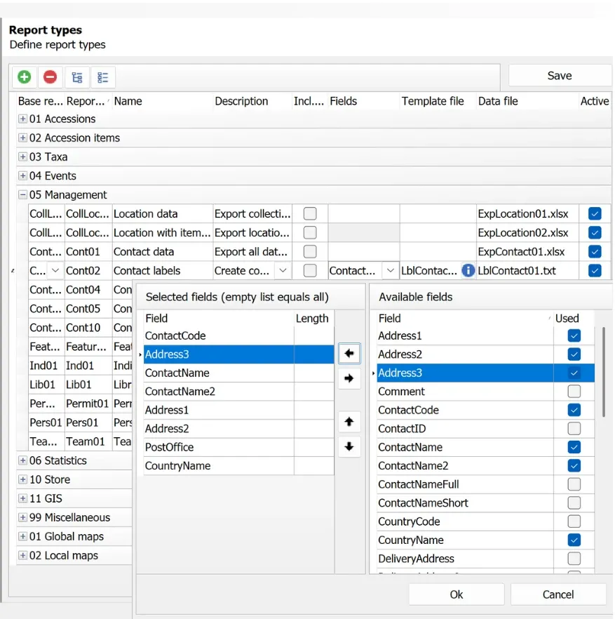 Definitions > Report types screen
