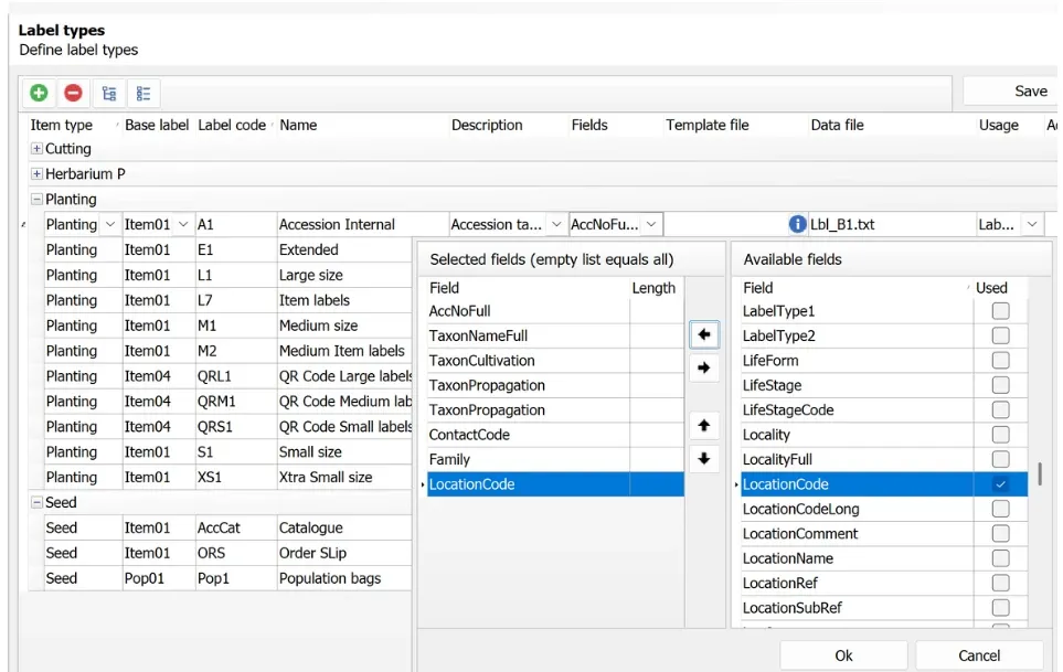 Definitions > Label types screen
