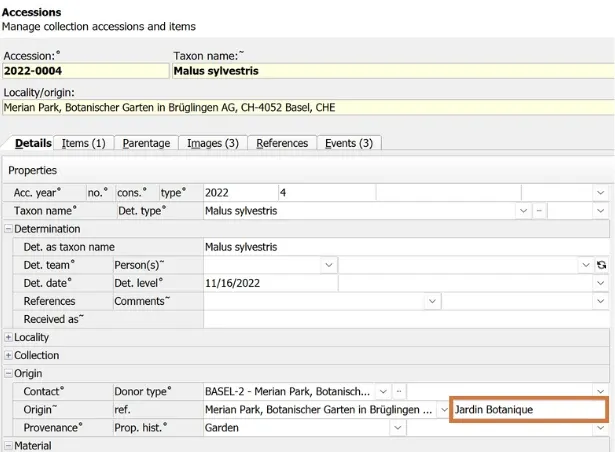 Collections > Accession Details screen
