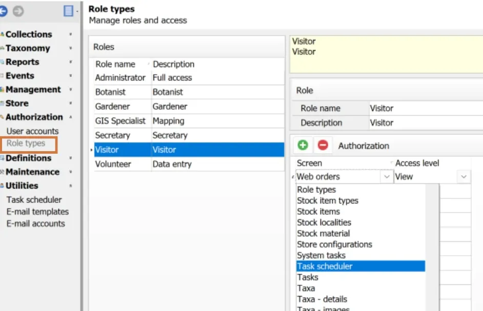 Setting access level for the Task scheduler screen in Authorization > Role types