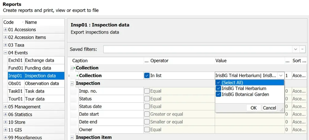 To select multiple collections, first click on the Operator option “In list”.