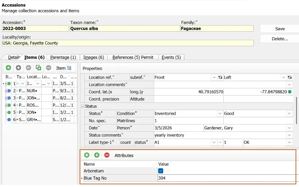 Accession Items screen displaying Item Custom Attributes