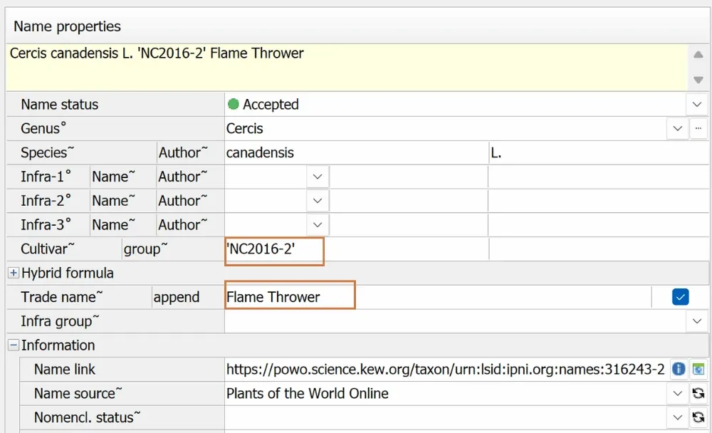 Taxon Name screen displaying a Cultivar and Trade name.